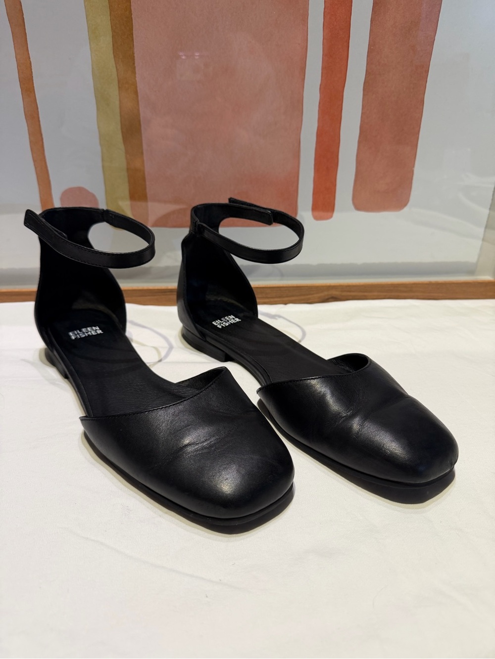 Eileen Fisher Black Leather Ankle Strap D’Orsay Flats Size 9